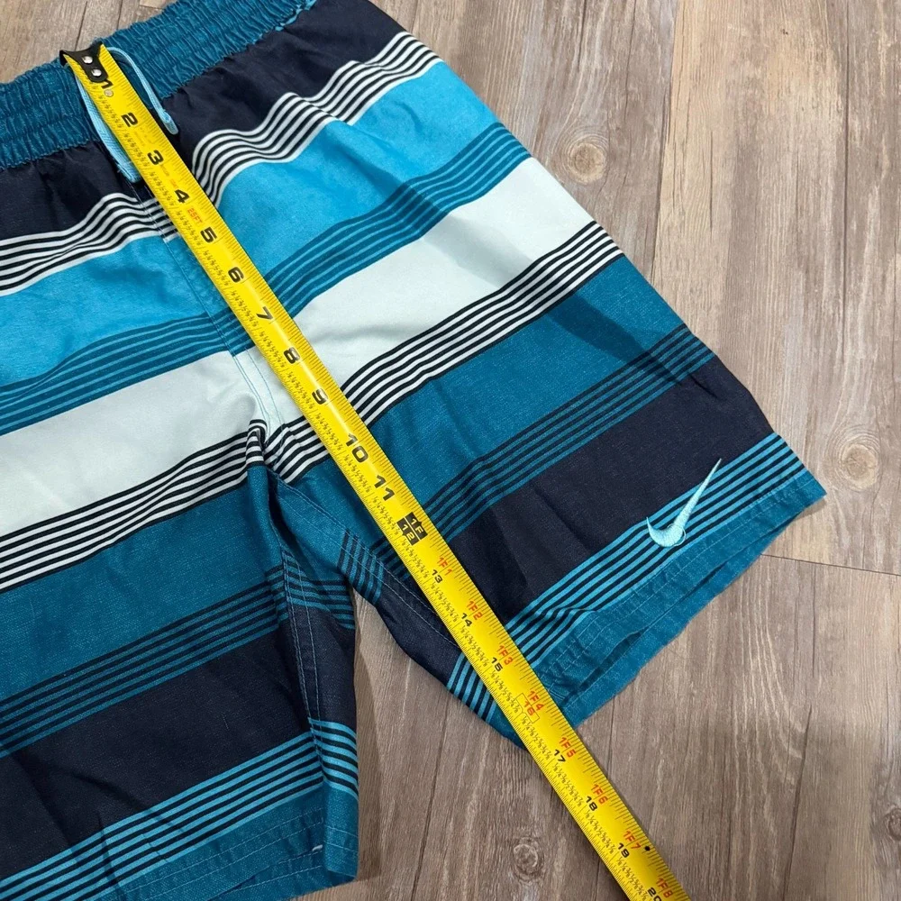 Nike Just‎ Do It Trunks Shorts Boys Teal Blue Striped Drawstring Beach Swimwear